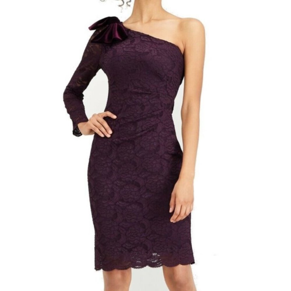 ❤️‍🔥 NWT Wine Lace One Shoulder Bow Cocktail Midi Dress